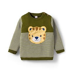 Babyhug Organic Cotton Knitted Full Sleeves Pullover Sweater Set With Tiger Embroidery & Cap - Olive Green