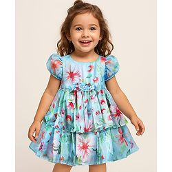 Babyhug Woven Half Sleeves Layered Dress With Floral Corsage & Print - Turquoise