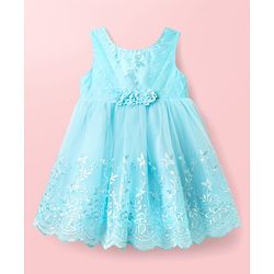 Babyhug Woven Sleeveless Party Dress With Floral Embroidery & Corsage - Aqua Blue