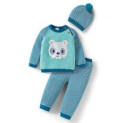 Babyhug Organic Cotton Knit Full Raglan Sleeves Striped Pullover Sweater Set with Cap & Bear Patch Detailing - Teal Blue