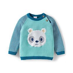 Babyhug Organic Cotton Knit Full Raglan Sleeves Striped Pullover Sweater Set with Cap & Bear Patch Detailing - Teal Blue