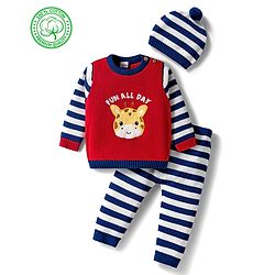 Babyhug Organic Cotton Knit Full Sleeves Pullover Sweater Set With Giraffe Embroidery & Cap - Red & Navy Blue