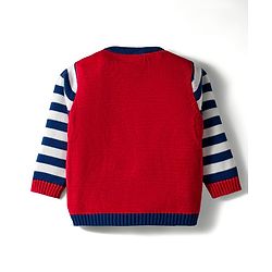 Babyhug Organic Cotton Knit Full Sleeves Pullover Sweater Set With Giraffe Embroidery & Cap - Red & Navy Blue