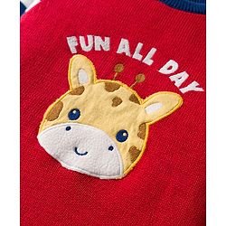 Babyhug Organic Cotton Knit Full Sleeves Pullover Sweater Set With Giraffe Embroidery & Cap - Red & Navy Blue