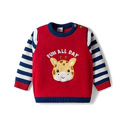 Babyhug Organic Cotton Knit Full Sleeves Pullover Sweater Set With Giraffe Embroidery & Cap - Red & Navy Blue