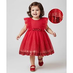 Babyhug Woven Frill Sleeve Fit & Flare Party Dress with Frills Floral Corsage & Sequins - Red