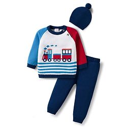 Babyhug Organic Cotton Knitted Full Raglan Sleeves Sweater Set With Train Design & Cap - Multicolor