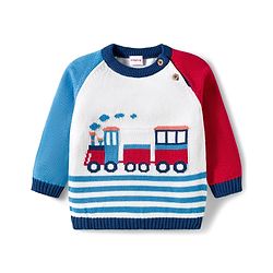 Babyhug Organic Cotton Knitted Full Raglan Sleeves Sweater Set With Train Design & Cap - Multicolor