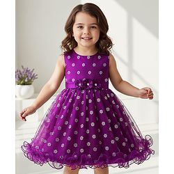 Babyhug Woven Sleeveless Party Dress With Floral Corsage & Foil Print - Purple