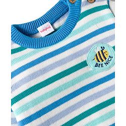 Babyhug Organic Cotton Knit Full Sleeves Sweater Set with Stripes & Bee Nice Patch & Cap - Blue
