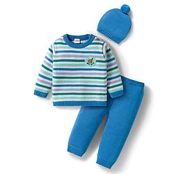 Babyhug Organic Cotton Knit Full Sleeves Sweater Set with Stripes & Bee Nice Patch & Cap - Blue