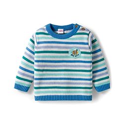 Babyhug Organic Cotton Knit Full Sleeves Sweater Set with Stripes & Bee Nice Patch & Cap - Blue