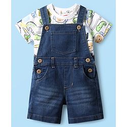 Babyhug Single Jersey Knit Dungaree & Half Sleeves T-Shirt With Dino Print - Blue