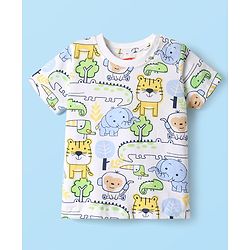 Babyhug Single Jersey Knit Dungaree & Half Sleeves T-Shirt With Dino Print - Blue