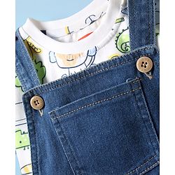 Babyhug Single Jersey Knit Dungaree & Half Sleeves T-Shirt With Dino Print - Blue