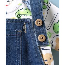 Babyhug Single Jersey Knit Dungaree & Half Sleeves T-Shirt With Dino Print - Blue