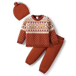 Babyhug Organic Cotton Knit Full Sleeves Sweater Set with Teddy Bear Print & Cap - Brown