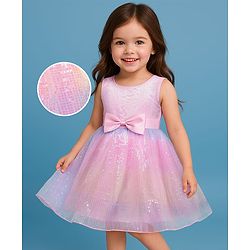 Babyhug Woven Sleeveless Mesh Party Dress with Sequin Detailing & Bow Applique - Pink