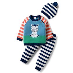 Babyhug Organic Cotton Knitted Full Raglan Sleeves Striped Sweater Set With Zebra Embroidery & Cap - Multicolor