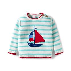 Babyhug Organic Cotton Knit Full Sleeves Sweater Set with Stripes & Yatch Design & Cap - Light Blue