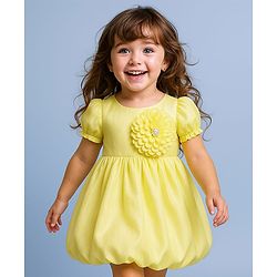 Babyhug Woven Half Puffed Sleeves Party Dress with Floral Applique - Yellow