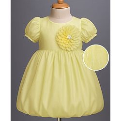 Babyhug Woven Half Puffed Sleeves Party Dress with Floral Applique - Yellow
