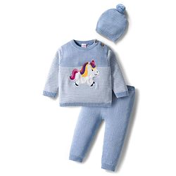 Babyhug Organic Cotton Knit Full Sleeves Striped Pullover Sweater Set with Cap & Unicorn Patch Detailing - Light Blue