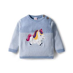 Babyhug Organic Cotton Knit Full Sleeves Striped Pullover Sweater Set with Cap & Unicorn Patch Detailing - Light Blue