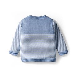 Babyhug Organic Cotton Knit Full Sleeves Striped Pullover Sweater Set with Cap & Unicorn Patch Detailing - Light Blue