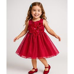 Babyhug Woven Sleeveless Solid Color Party Dress with Floral Applique - Red