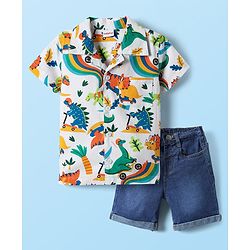Babyhug Poplin Collar Half Sleeves Shirt & Short Set With Animal Print - White & Blue