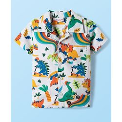Babyhug Poplin Collar Half Sleeves Shirt & Short Set With Animal Print - White & Blue