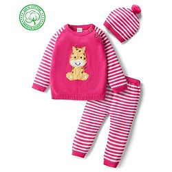 Babyhug Organic Cotton Knit Full Raglan Sleeves Striped Pullover Sweater Set with Cap & Giraffe Patch Detailing - Pink