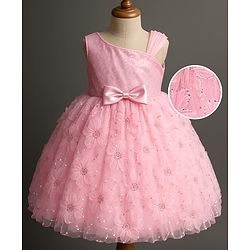 Babyhug Woven Sleeveless Party Dress with Sequin & Floral Detailing & Bow Applique - Light Pink