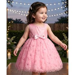 Babyhug Woven Sleeveless Party Dress with Sequin & Floral Detailing & Bow Applique - Light Pink
