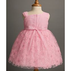 Babyhug Woven Sleeveless Party Dress with Sequin & Floral Detailing & Bow Applique - Light Pink