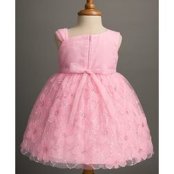 Babyhug Woven Sleeveless Party Dress with Sequin & Floral Detailing & Bow Applique - Light Pink