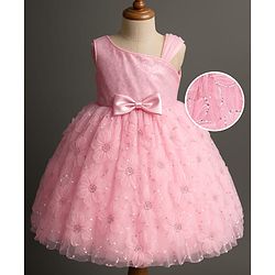 Babyhug Woven Sleeveless Party Dress with Sequin & Floral Detailing & Bow Applique - Light Pink