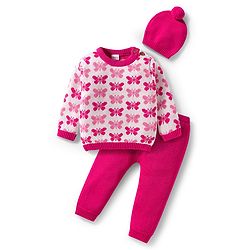 Babyhug Organic Cotton Knitted Full Sleeves Sweater Set With Butterfly Design & Cap - Dark Pink & White