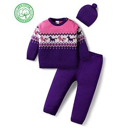 Babyhug Organic Cotton Knitted Full Sleeves Pullover Sweater Set With Horse Design & Cap - Purple & Pink