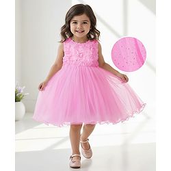 Babyhug Woven Sleeveless Party Dress With 3D Floral Applique On Yoke - Pink