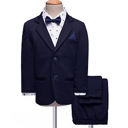 Babyhug Woven Full Sleeves Printed 3 Piece Party Suit With Bow - Navy Blue