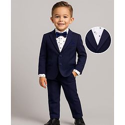 Babyhug Woven Full Sleeves Printed 3 Piece Party Suit With Bow - Navy Blue