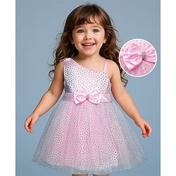Babyhug 5 Layered With Cotton Lining Sleeveless Mesh Party Dress With Foil Print & Bow Applique - Pink