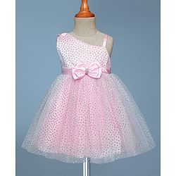 Babyhug 5 Layered With Cotton Lining Sleeveless Mesh Party Dress With Foil Print & Bow Applique - Pink