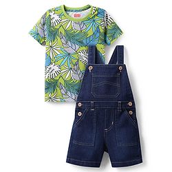 Babyhug Single Jersey Knit Knee Length Dungarees & Half Sleeves Tee Set with Tropical Theme Print - Green & Navy Blue