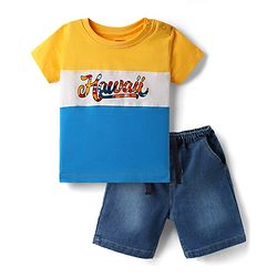 Babyhug Single Jersey Knit Half Sleeves T-Shirt & Short Set With Text Print - Yellow & Blue