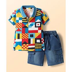 Babyhug Single Jersey Knit Half Sleeves Polo T-Shirt & Denim Shorts Set with Abstract Print - Blue