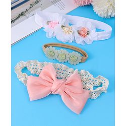 Babyhug Bow & Floral Applique Headband  Pack of 3 Print - White & Pink