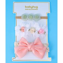 Babyhug Bow & Floral Applique Headband  Pack of 3 Print - White & Pink